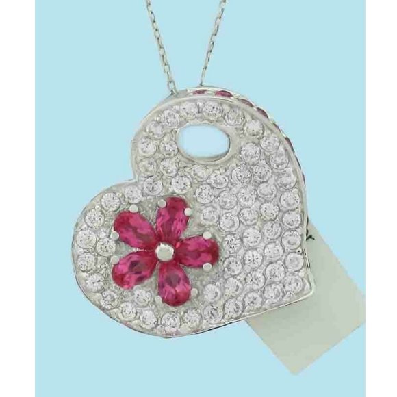 LAB WHITE SAPPHIRES & RUBY PENDANT NECKLACE .925 STERLING SILVER - New with Tag